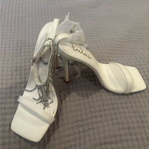 Lulu's White Crystal-Strap Square-Toe Stiletto Heels